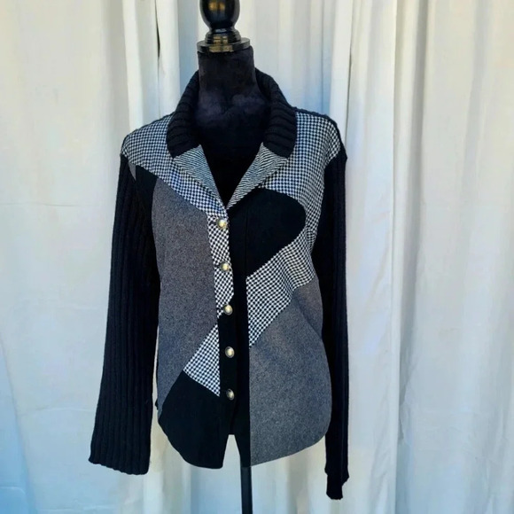 Austin Reed Womens XL Button Cardigan Sweater Chunk Knit Wool houndstooth Black - Picture 1 of 12